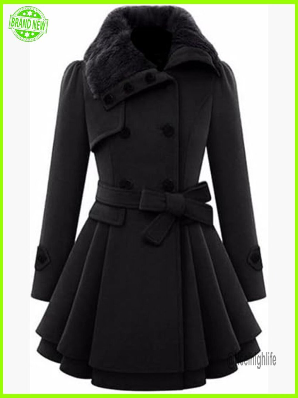 Women's Faux Fur Lapel Double-Breasted Trench Coat Pea Jacket